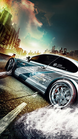 Silver BMW M3 Drifting in Urban Industrial Setting with Smoke and Sunset HD phone wallpaper