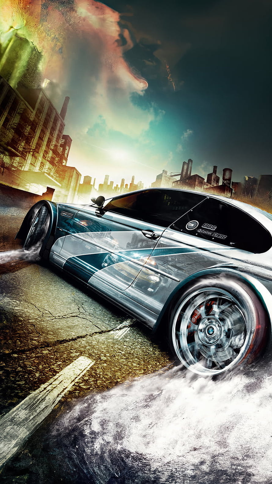 Silver BMW M3 Drifting in Urban Industrial Setting with Smoke and Sunset HD phone wallpaper