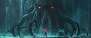 Epic Fantasy Battle Against Giant Cthulhu Monster With Glowing Red Eyes HD wallpaper
