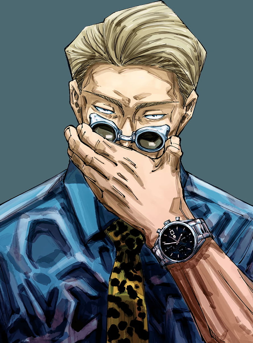 Anime Character with Blonde Hair and Goggles Wearing Blue Shirt and Leopard Tie HD phone wallpaper