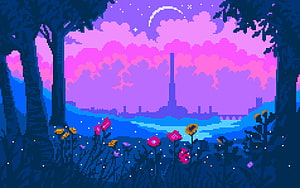 Pastel Pixel Art Night Landscape with City Skyline and Flower Field HD wallpaper