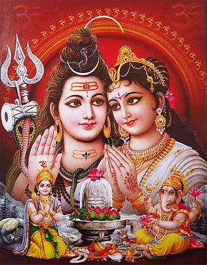 Lord Shiva and Goddess Parvati Devotional Artwork with Ganesha and Shiva Lingam HD phone wallpaper