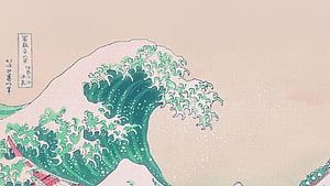 Traditional Japanese Ukiyo-e Woodblock Print of a Great Green Wave HD wallpaper