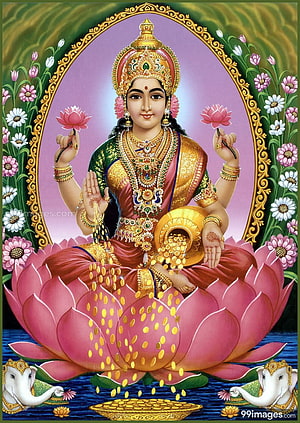 Goddess Lakshmi Sitting on Lotus with Gold Coins and Elephants HD phone wallpaper