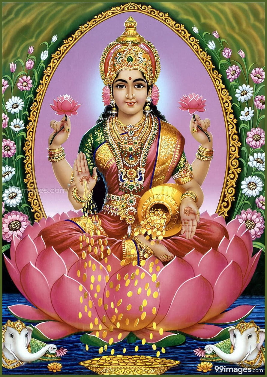 Goddess Lakshmi Sitting on Lotus with Gold Coins and Elephants HD phone wallpaper