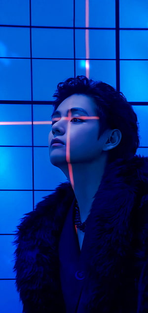 Taehyung BTS Portrait in Blue Neon Light with Fur Coat HD phone wallpaper