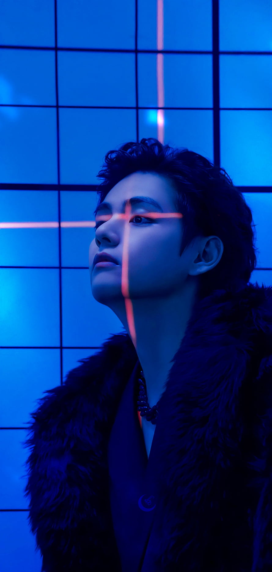 Taehyung BTS Portrait in Blue Neon Light with Fur Coat HD phone wallpaper