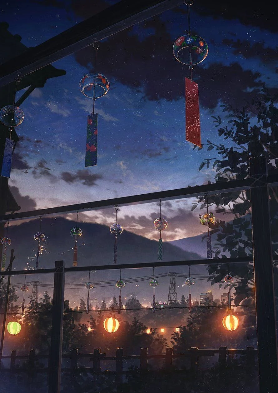 Serene Night Scene With Hanging Wind Chimes And Glowing Lanterns HD phone wallpaper