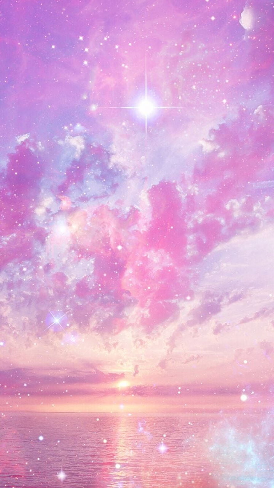 Dreamy Pastel Galaxy Sky Over Ocean With Sparkling Stars And Soft Pink Clouds HD phone wallpaper
