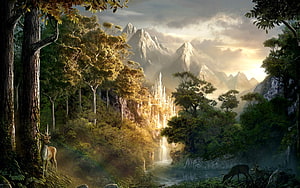 Rivendell Elven City in Misty Forest with Waterfall and Majestic Mountains HD wallpaper