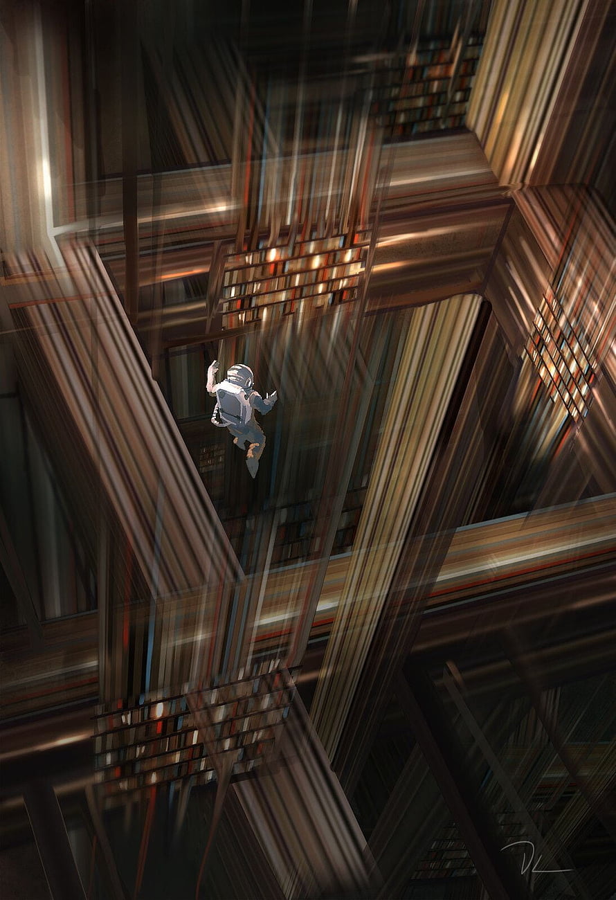 Astronaut Floating Through Abstract Geometric Library Corridors HD phone wallpaper