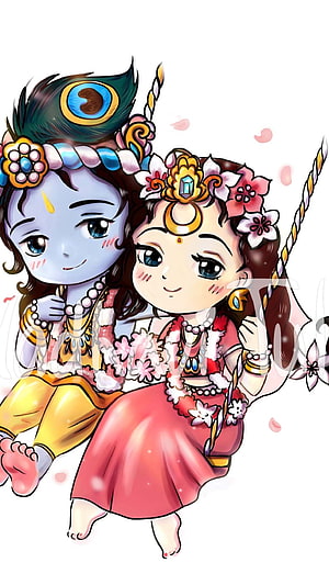 Cute Chibi Krishna and Radha Sitting on a Swing Together HD phone wallpaper