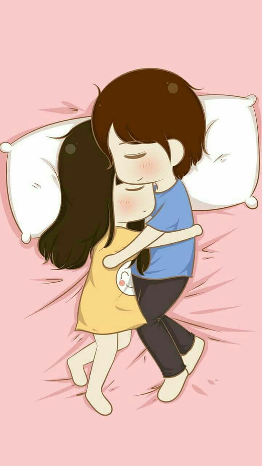 Cute cartoon couple sleeping together in bed hugging each other with closed eyes on pink background HD phone wallpaper