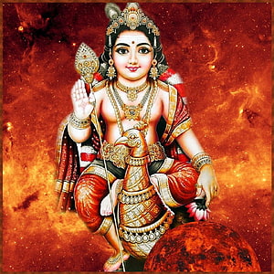 Lord Kartikeya Sitting on Golden Peacock Against Fiery Cosmic Background HD phone wallpaper