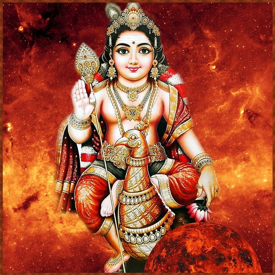 Lord Kartikeya Sitting on Golden Peacock Against Fiery Cosmic Background HD phone wallpaper