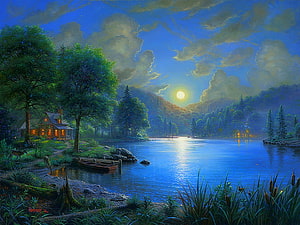 Serene Moonlit Lake Landscape Painting With Cottage And Forest HD wallpaper