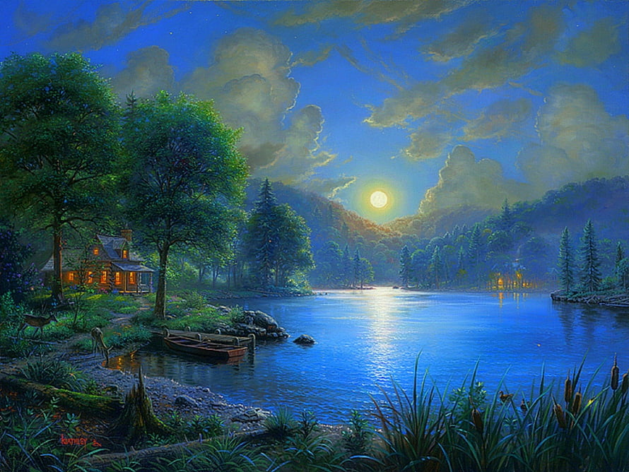 Serene Moonlit Lake Landscape Painting With Cottage And Forest HD wallpaper