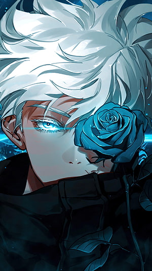 Anime Boy With White Hair And Glowing Blue Eye Holding A Blue Rose HD phone wallpaper