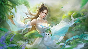 Ethereal Fantasy Woman in Flowing White Dress Holding Flowers with White Cat in Lush Green Forest, Cat Lover, digital, art, fantasy, beautiful, cat, girl, serene, woman HD wallpaper