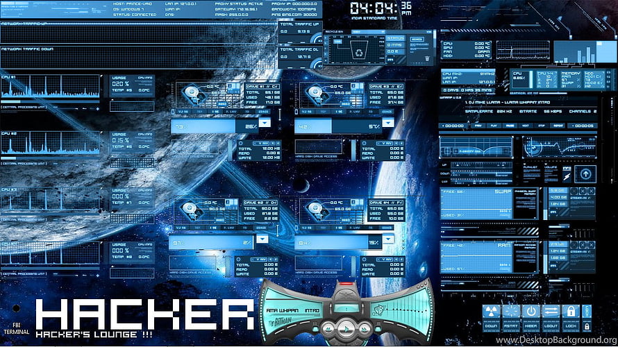 Futuristic Hacker Terminal Interface with Earth Orbit Background and System Monitoring Dashboard HD wallpaper