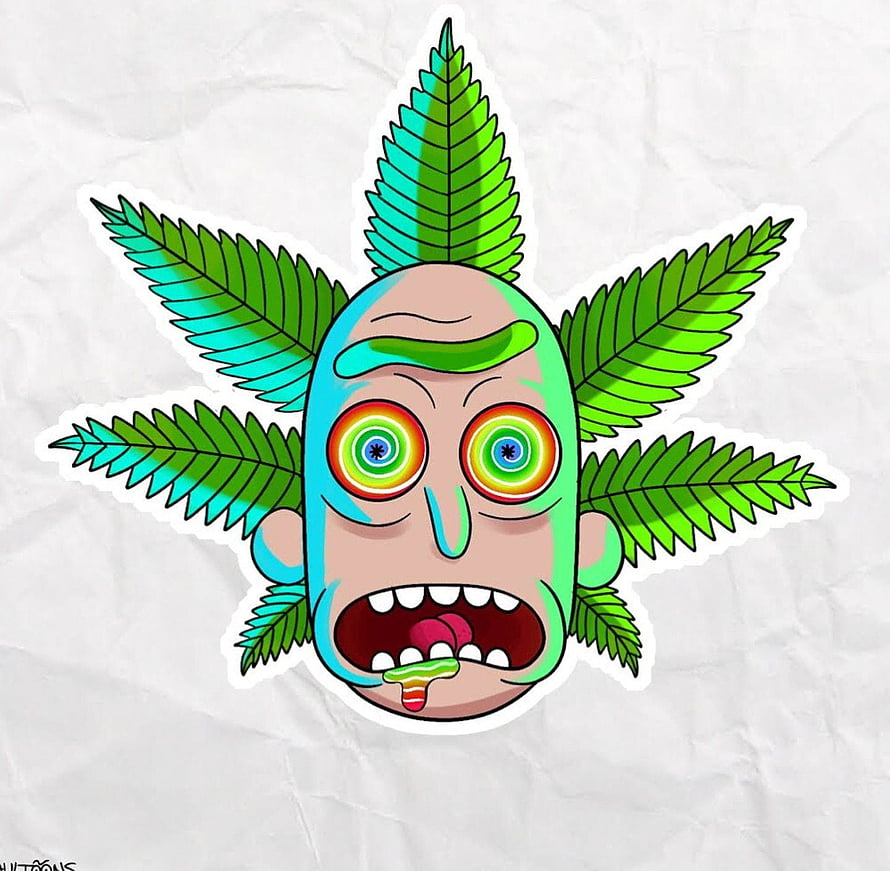 Rick and Morty psychedelic cannabis leaf character illustration with rainbow eyes and cartoon style HD wallpaper