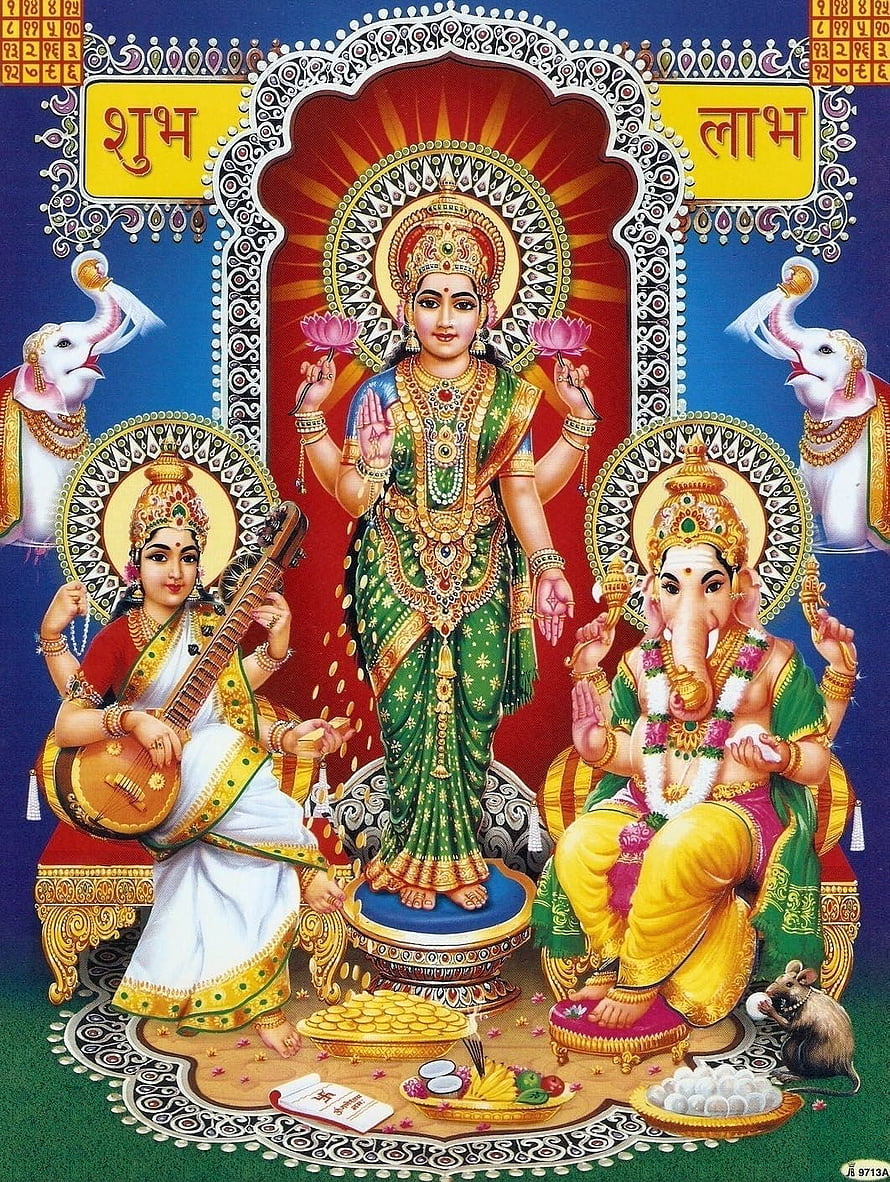 Lakshmi, Ganesha, and Saraswati Hindu Deities with Elephants and Offerings HD phone wallpaper