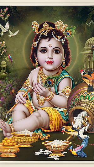 Baby Krishna Stealing Butter with Peacock Feather Crown and Birds HD phone wallpaper