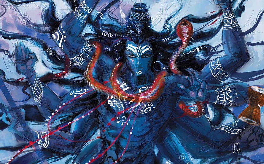 Rudra Shiva: Fierce Blue-Formed Hindu Deity with Serpents and Cosmic Energy HD wallpaper
