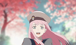 Pink-Haired Anime Girl in Military Uniform Under Cherry Blossoms HD wallpaper