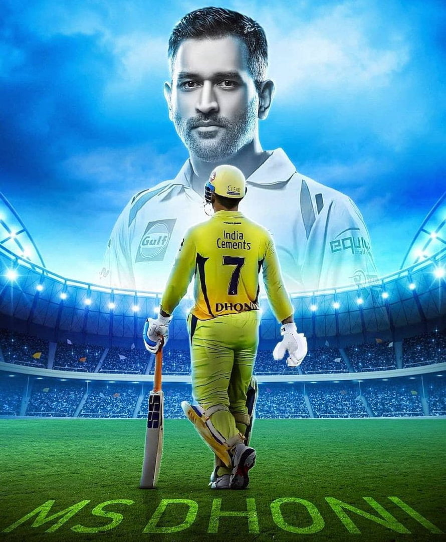 MS Dhoni Cricket Player Walking on Pitch with Bat and Stadium Background HD phone wallpaper