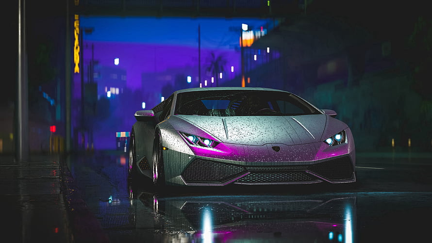 Lamborghini Aventador on a Rainy Night Street with Neon City Lights HD wallpaper