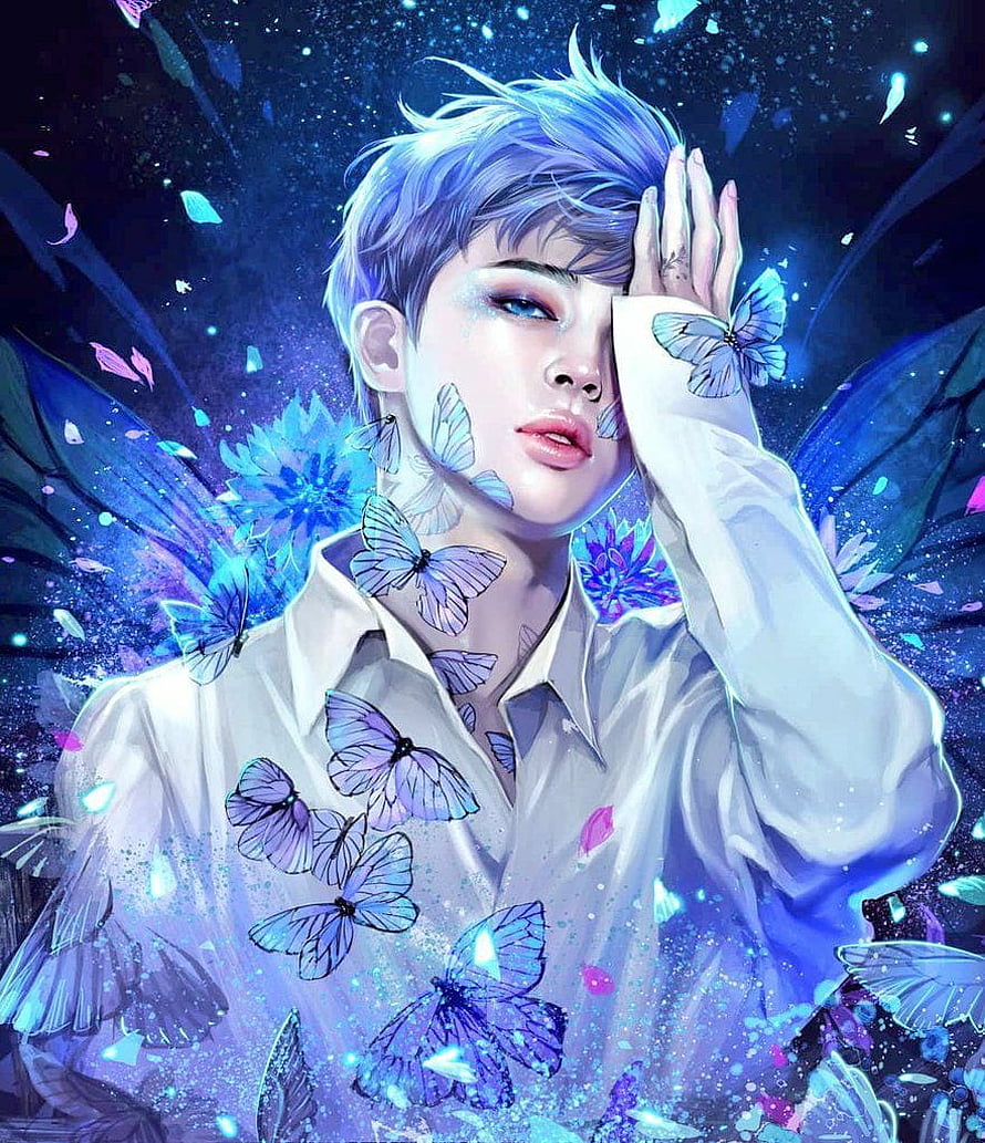Park Jimin Fantasy Portrait with Glowing Blue Butterflies and Ethereal Wings HD phone wallpaper