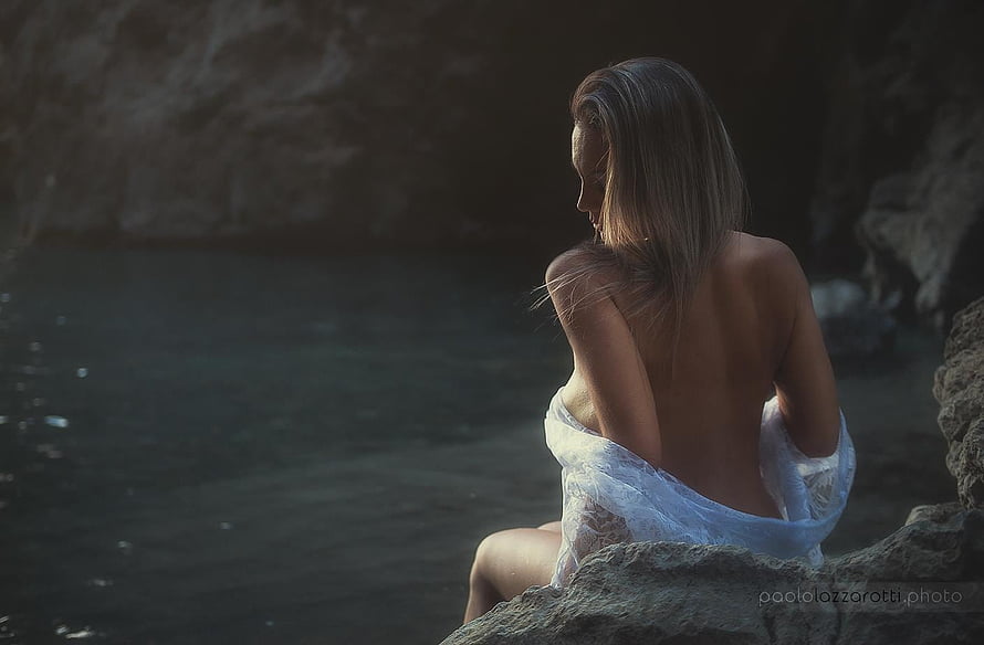 Woman in White Lace Sitting on Rocky Shore at Dusk, beauty, women, girls, models, female HD wallpaper