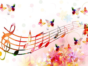 Colorful Musical Staff with Vibrant Butterflies and Floral Elements on a Soft Pastel Background HD wallpaper