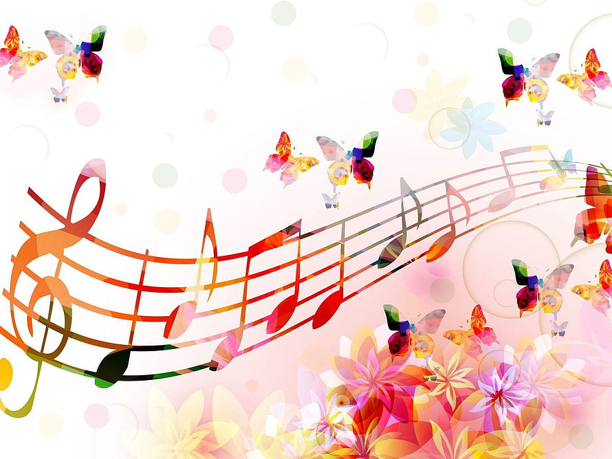 Colorful Musical Staff with Vibrant Butterflies and Floral Elements on a Soft Pastel Background HD wallpaper