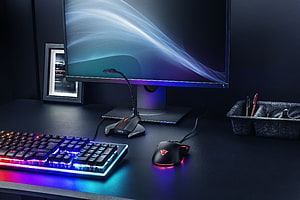 Modern Gaming Desk Setup With RGB Keyboard, Mouse, and Monitor HD wallpaper