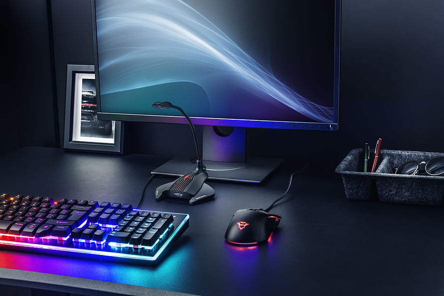 Modern Gaming Desk Setup With RGB Keyboard, Mouse, and Monitor HD wallpaper