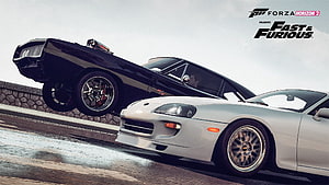 Forza Horizon 2 Fast and Furious DLC promotional artwork featuring classic muscle cars and a white sports car on a wet road HD wallpaper