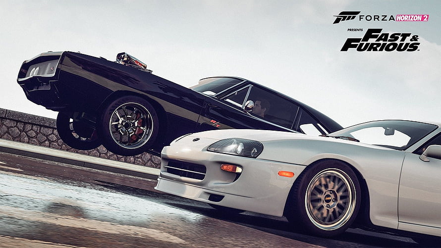 Forza Horizon 2 Fast and Furious DLC promotional artwork featuring classic muscle cars and a white sports car on a wet road HD wallpaper