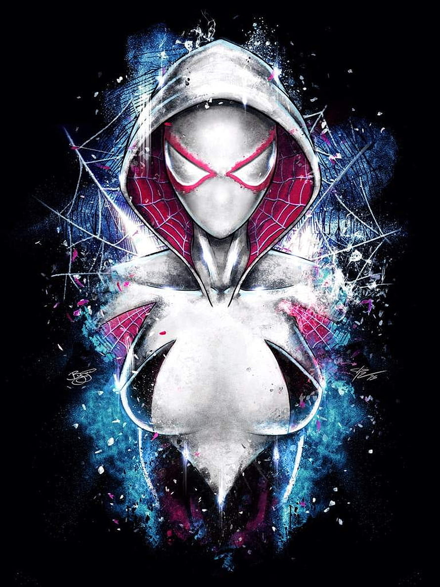Spider-Gwen Hooded Portrait with Splatter Art and Web Patterns HD phone wallpaper