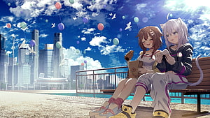 OkaKoro Hololive Anime Illustration of Two Girls on a Bench with City Skyline and Balloons HD wallpaper