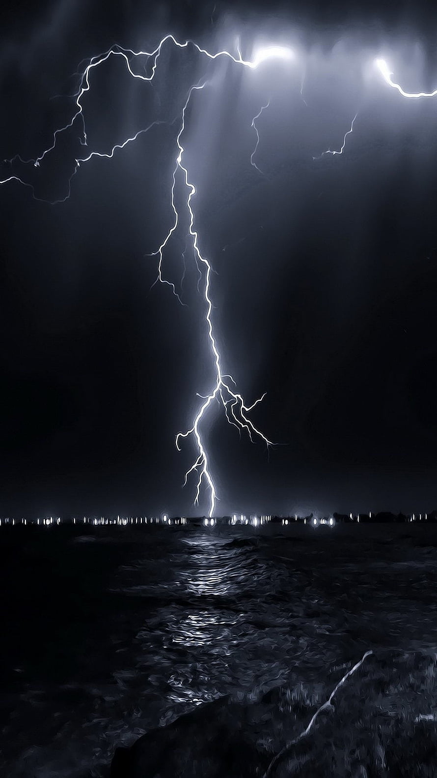 Dramatic Night Lightning Strike Over Dark Ocean With Distant City Lights HD phone wallpaper