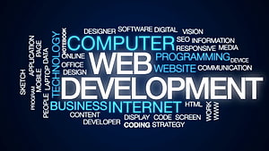 Web Development Technology Word Cloud Concept With Blue And White Typography HD wallpaper