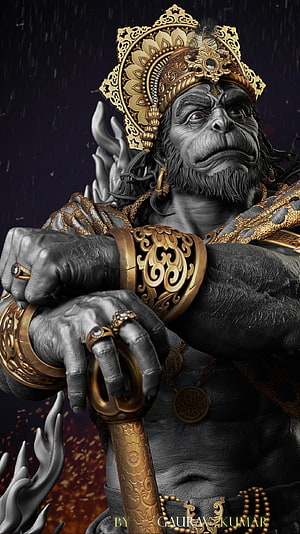 Hyper-realistic Hanuman digital art featuring golden crown and armor with dramatic lighting, Hanuman, gyan gunn sagar HD phone wallpaper