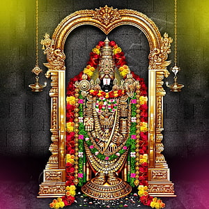 Golden Lord Ayyappa Statue with Flower Garlands and Temple Arch HD phone wallpaper