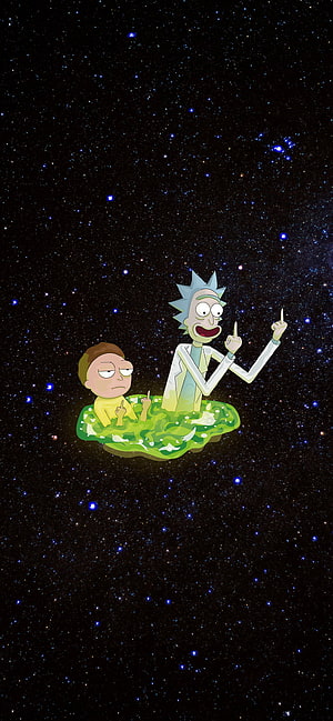 Rick and Morty Floating in Space on a Green Planet HD phone wallpaper