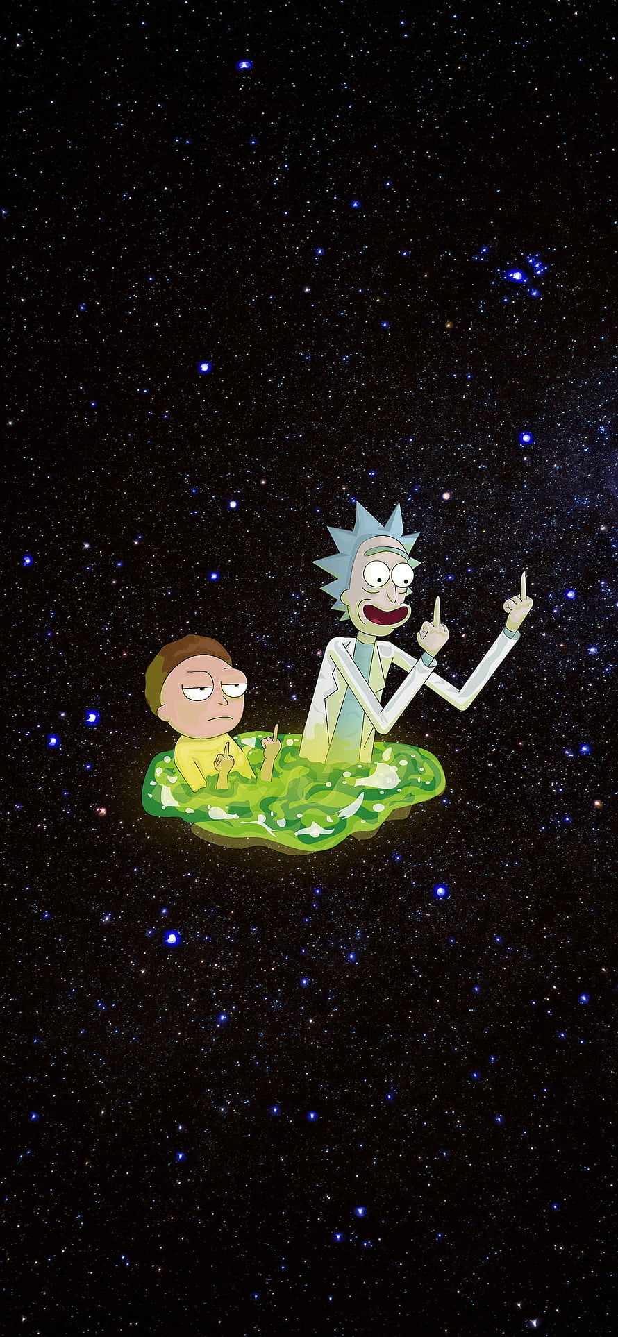Rick and Morty Floating in Space on a Green Planet HD phone wallpaper