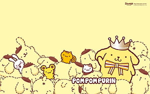 Pompompurin and Sanrio Friends in a Cute Yellow Cartoon Illustration HD wallpaper