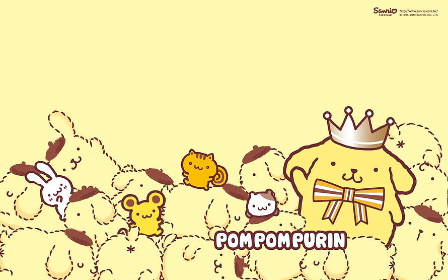 Pompompurin and Sanrio Friends in a Cute Yellow Cartoon Illustration HD wallpaper