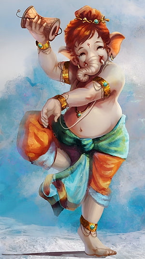 Ganesha in a Dynamic Dance Pose Holding a Drum, Vibrant Digital Art Illustration HD phone wallpaper